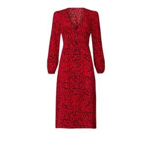 Women’s Small Caara Red Black Animal Print Midi Dress Long Sleeve - READ